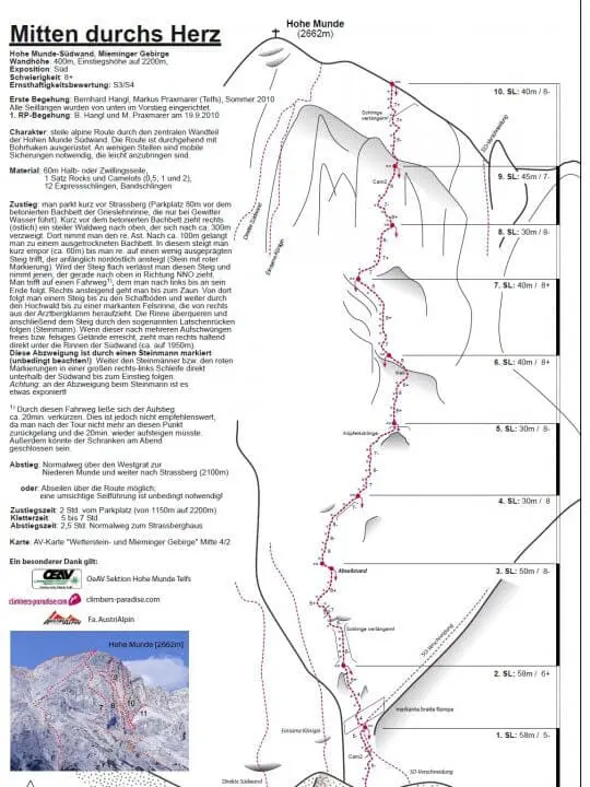 KIetterzentrum Innsbruck - Gewaltige Neutour an der Hohen Munde von Hangl und Praxmarer: 'Mitten durchs Herz' 10 Sl, 8+ 1 KIetterzentrum Innsbruck - mitten durchs herz