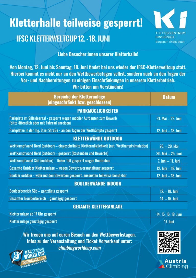KIetterzentrum Innsbruck - Das Ki - Kletterzentrum Innsbruck 2 Featured image for “Weltcup Einschränkungen: Kletterhalle und Parkplätze teilweise gesperrt”
